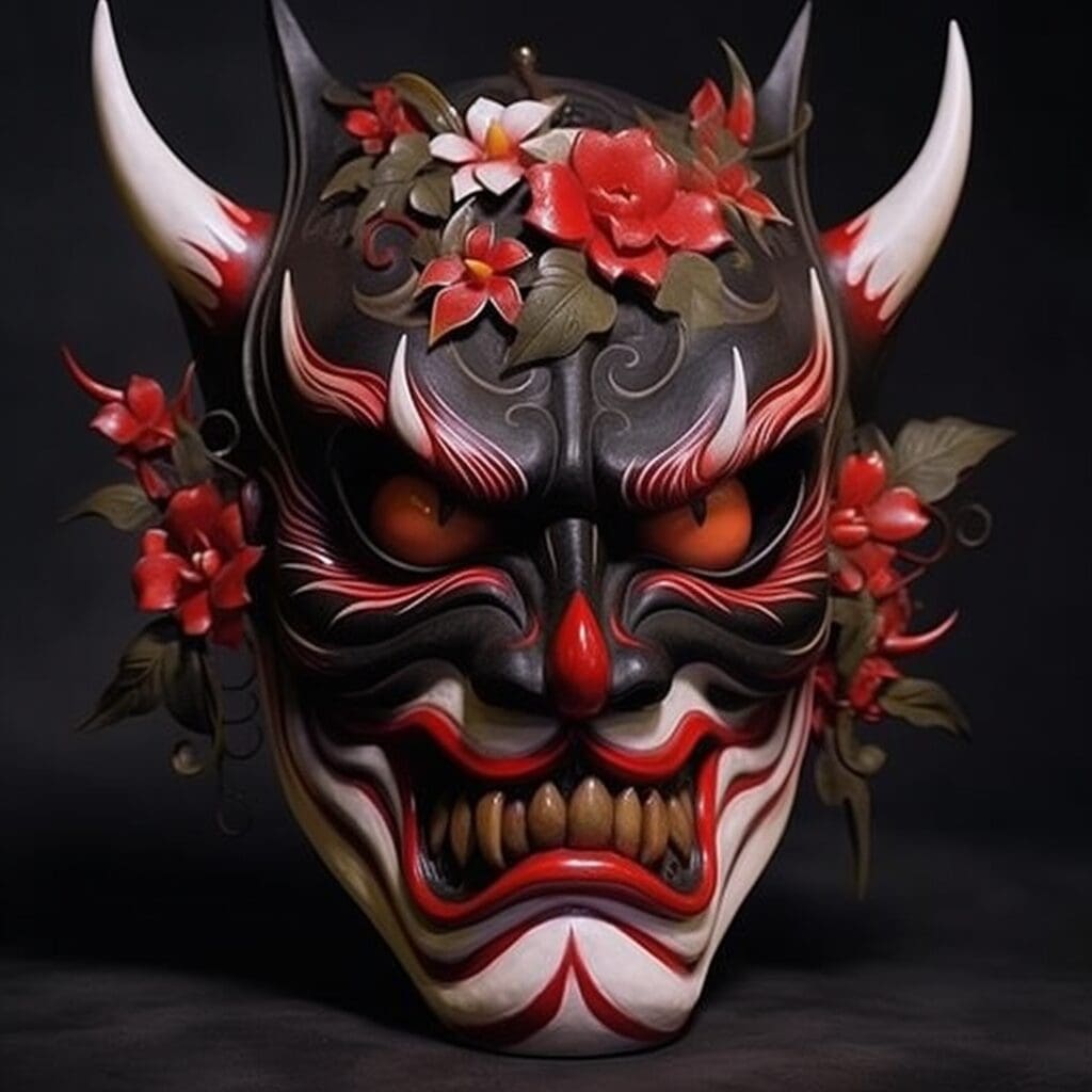 masque japonais a fleurs rouge