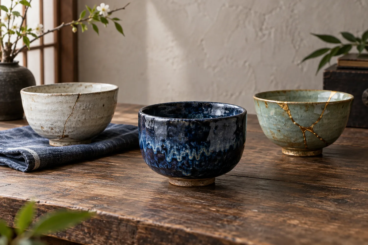 Trois bols japonais, l’un intact, l’un fêlé et l’un réparé par des coutures dorées