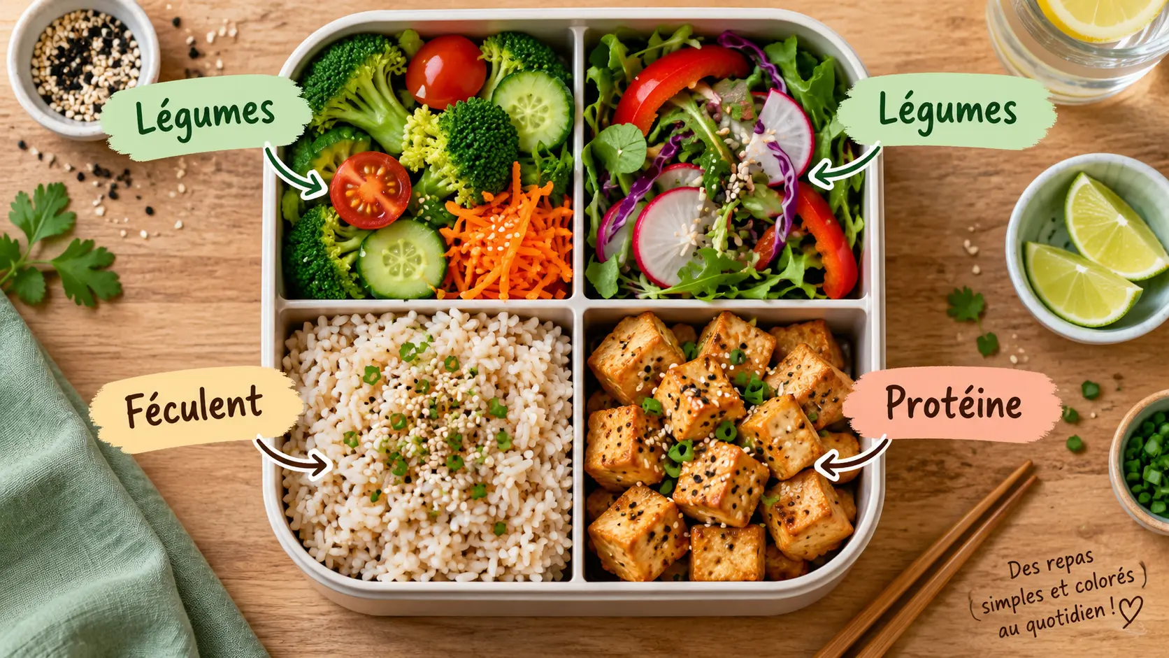 Schéma vu de dessus d'un bento avec deux quarts de légumes, un quart de riz et un quart de tofu