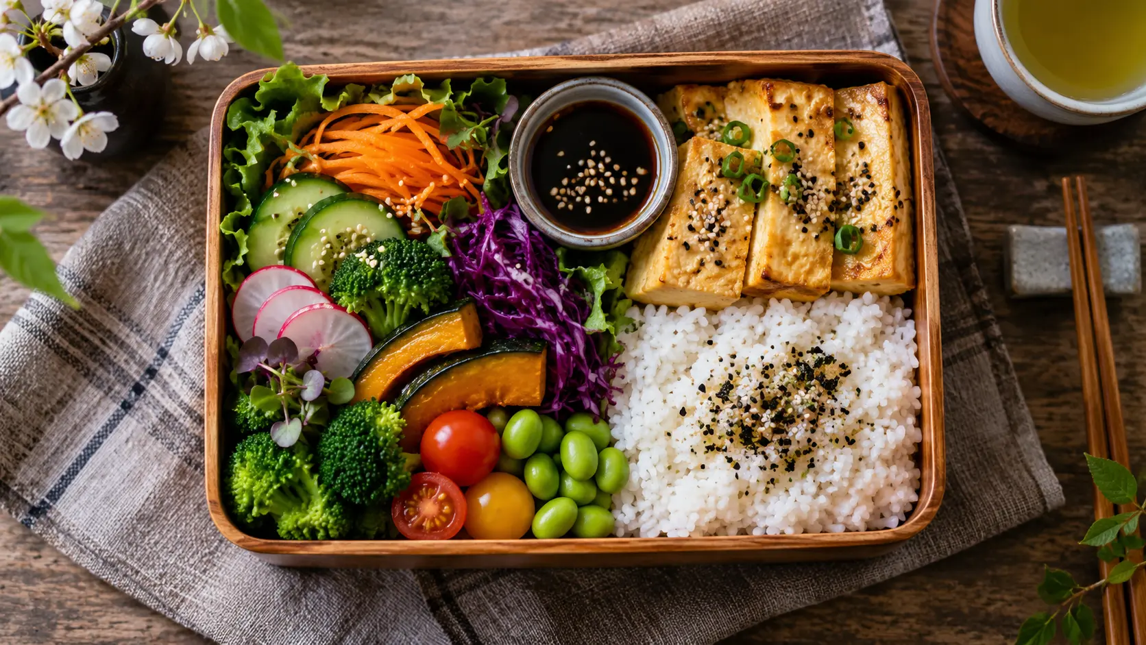 Bento japonais coloré composé de légumes, riz et tofu
