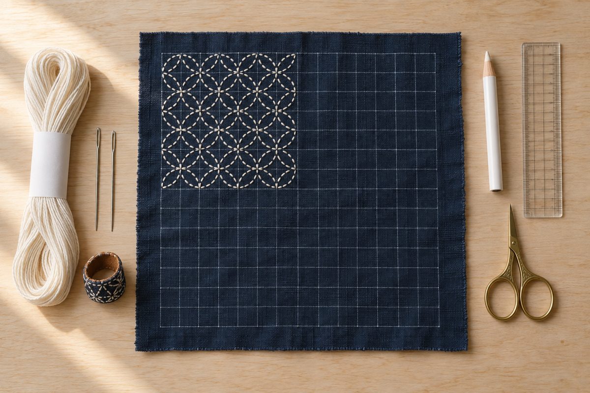 Matériel de sashiko débutant : tissu indigo tracé, fil blanc, aiguilles longues, dé yubinuki